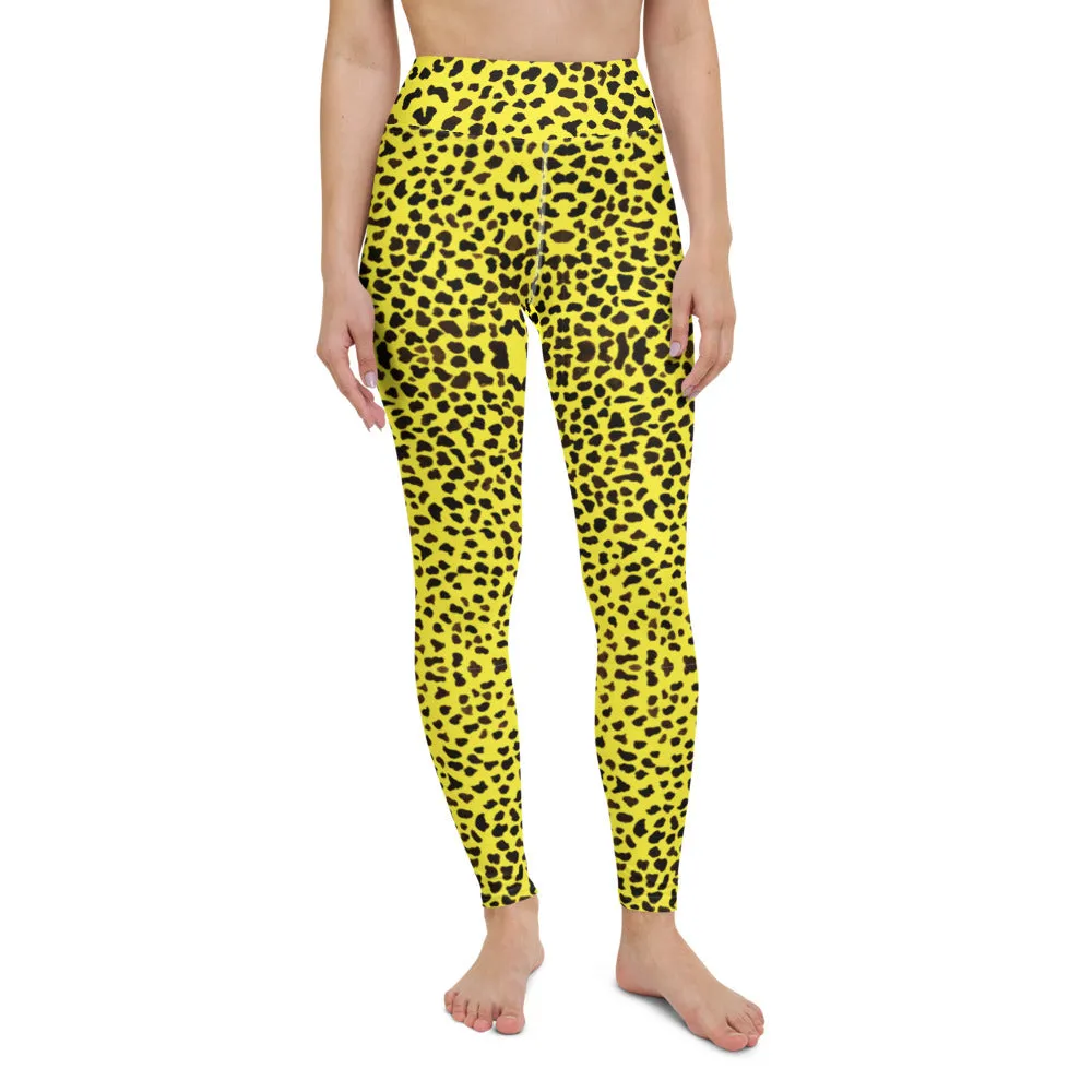 Yellow Cheetah Print Yoga Leggings, Luxury Designer Colorful Animal Print Women's Long Tights