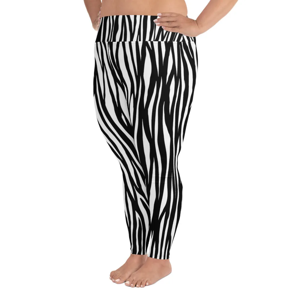 Zebra Plus Size Leggings, Animal Print Women's Long Yoga Pants 4-Way Stretch TIghts