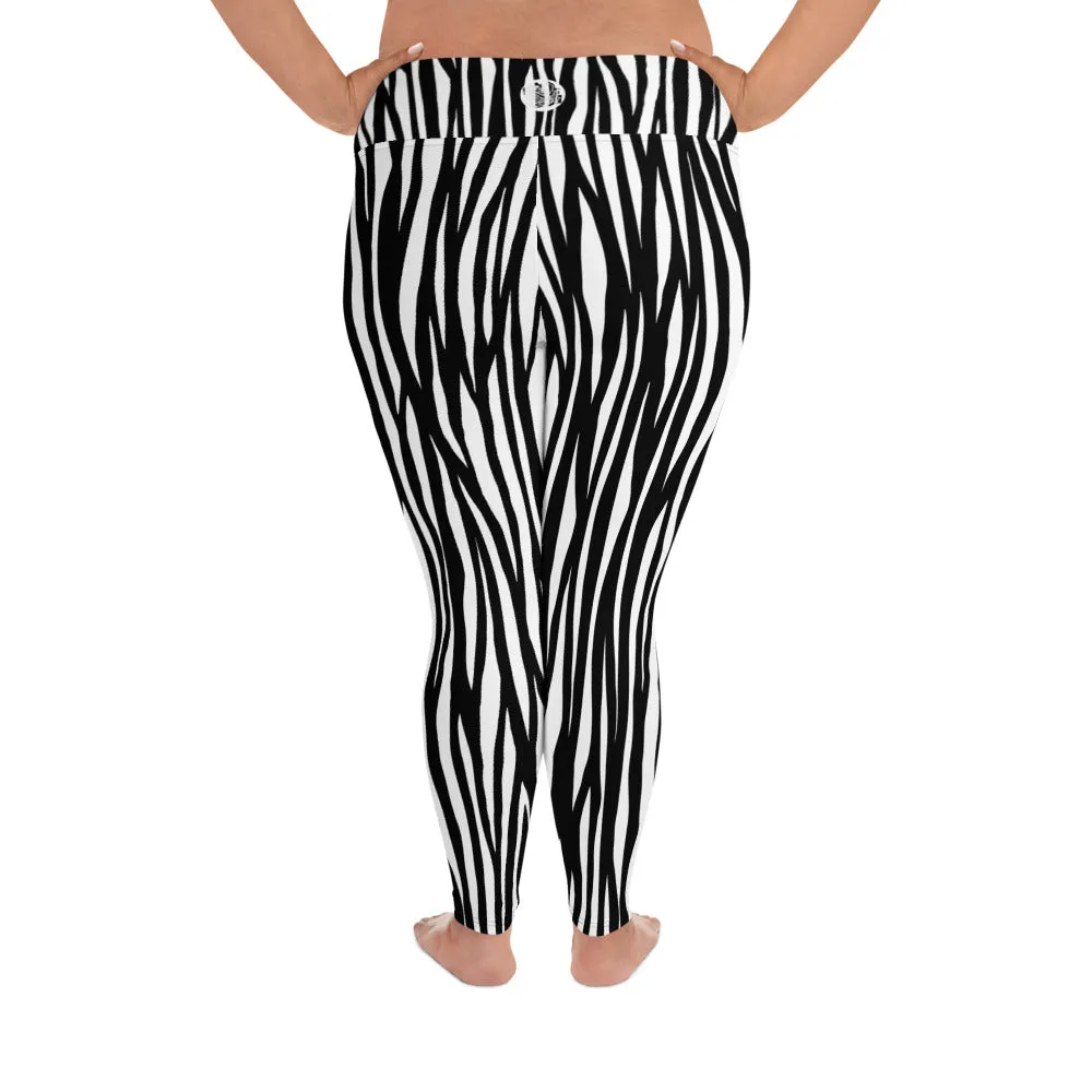 Zebra Plus Size Leggings, Animal Print Women's Long Yoga Pants 4-Way Stretch TIghts