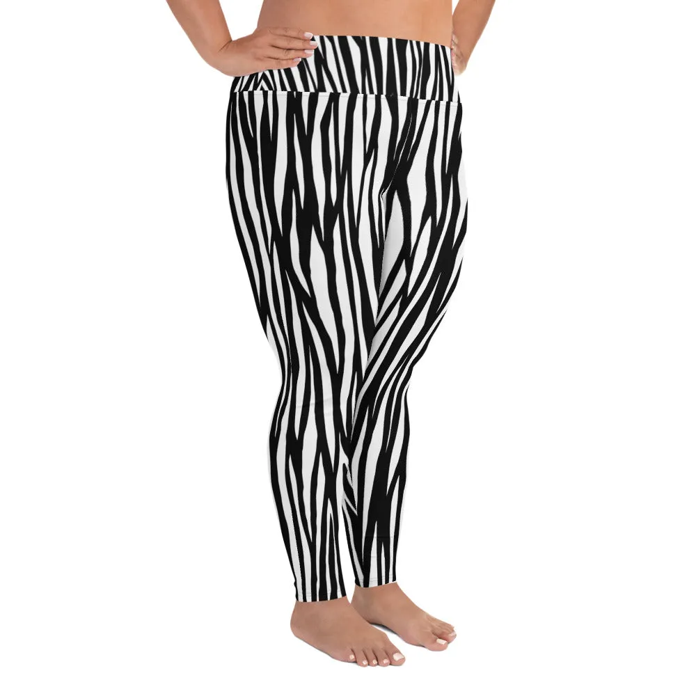 Zebra Plus Size Leggings, Animal Print Women's Long Yoga Pants 4-Way Stretch TIghts