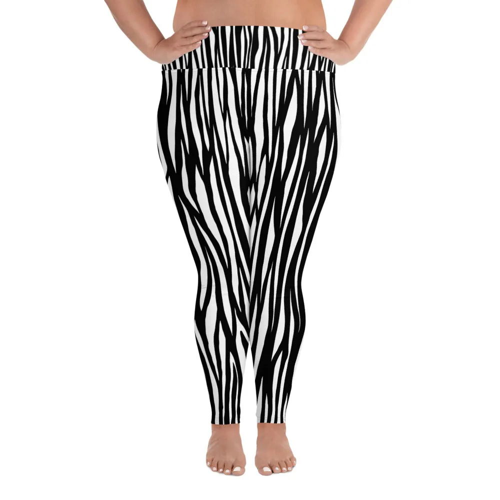 Zebra Plus Size Leggings, Animal Print Women's Long Yoga Pants 4-Way Stretch TIghts